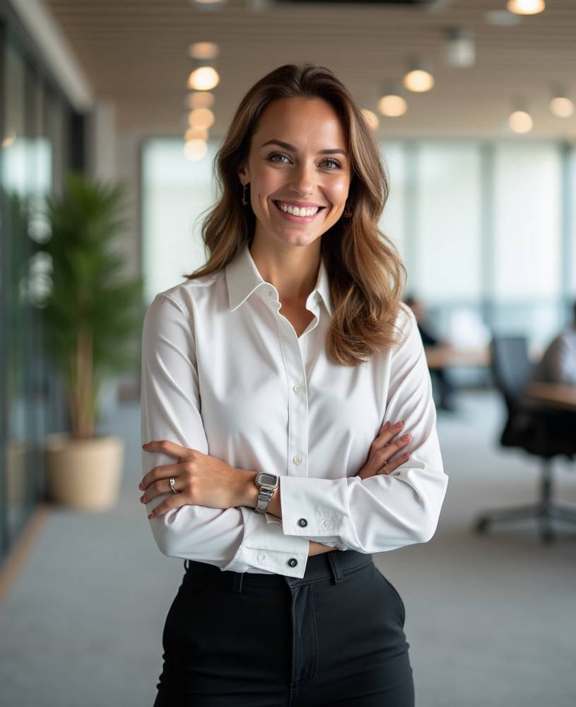smiling professional woman in carpeted office space