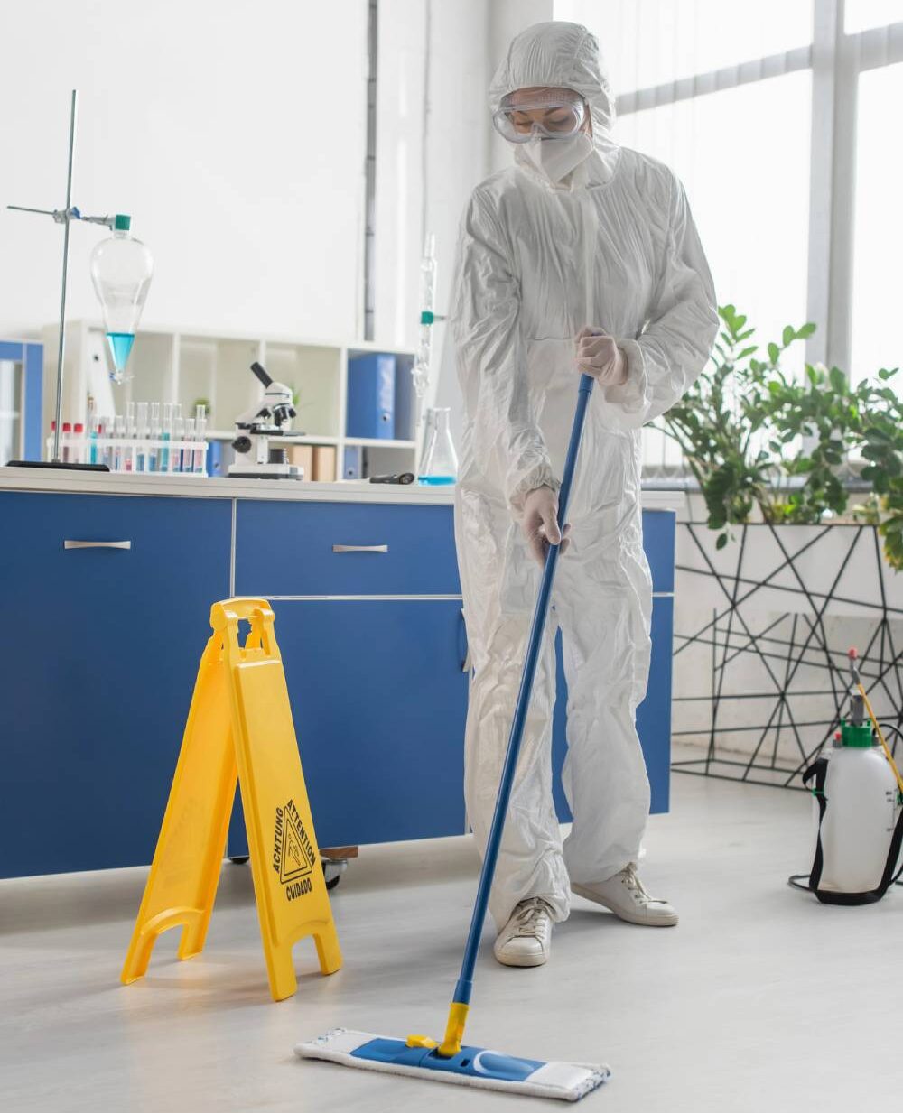 cleaner wiping down floor in laboratory