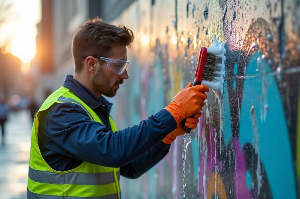 man scrubbing a graffiti wall