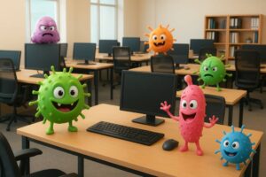 am image of an office with germ characters.