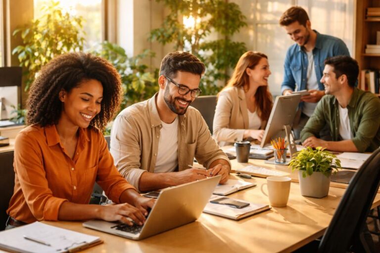 office team members working together and smiling