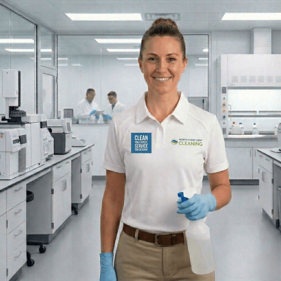 girl cleaner standing in a laboratory smiling