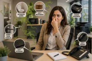 woman office worker holding her nose in a sticky office